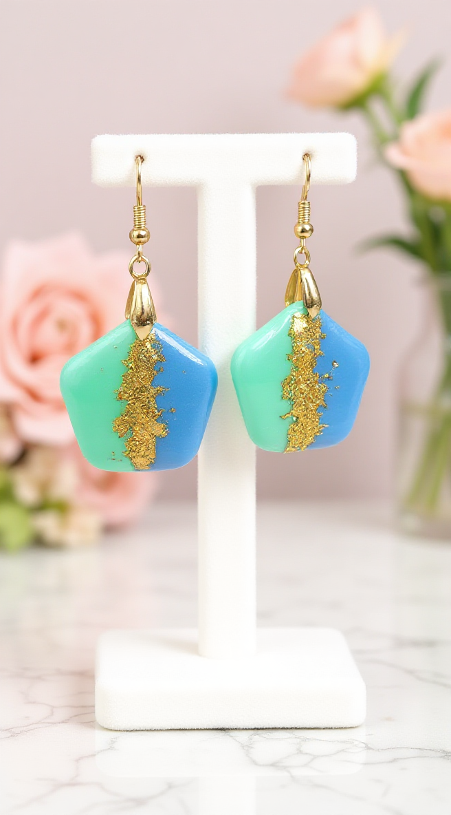 Pentagon Dangles in Teal, Blue and Gold